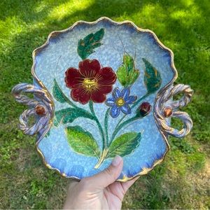 Vintage Glazed Terra-Cotta Hand painted Floral Scalloped Edge Catch-All Dish